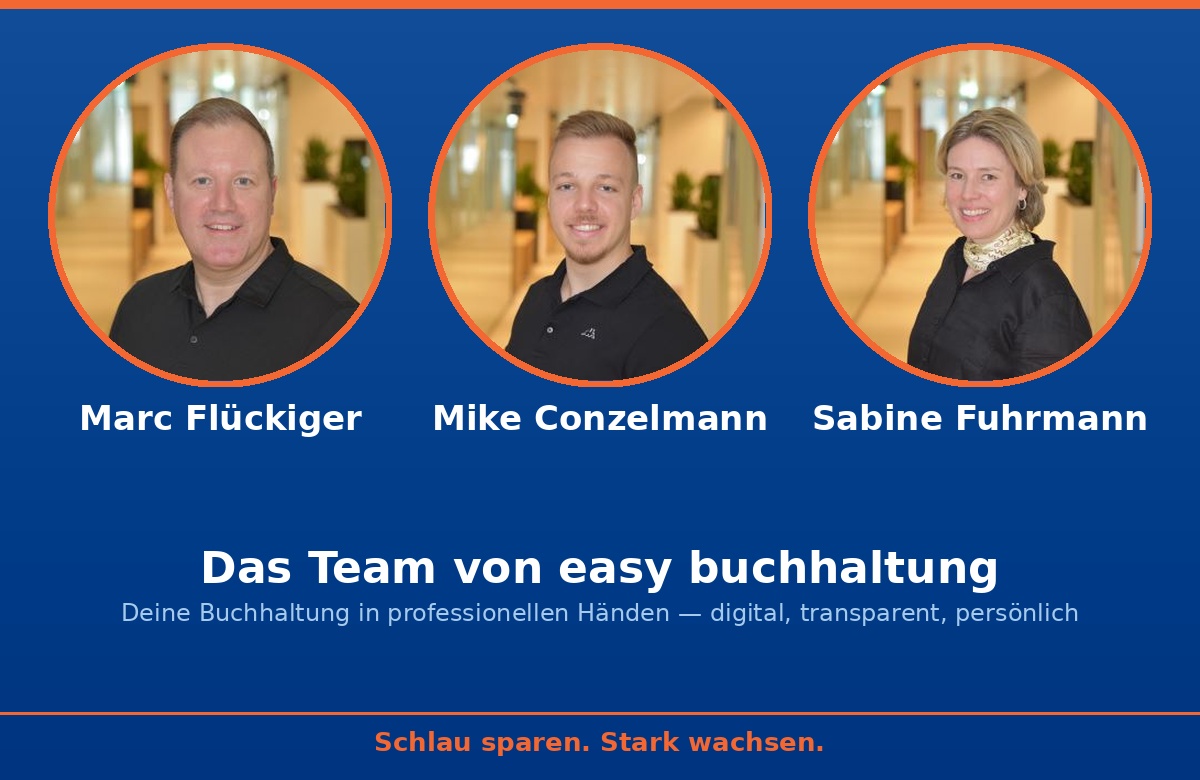 Das Team von easy buchhaltung — Marc Flückiger, Mike Conzelmann, Sabine Fuhrmann